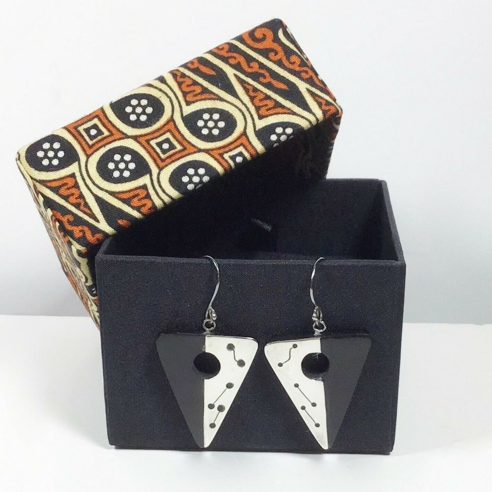 Wood Silver Triangle Triangular Dangle Earrings - image 1